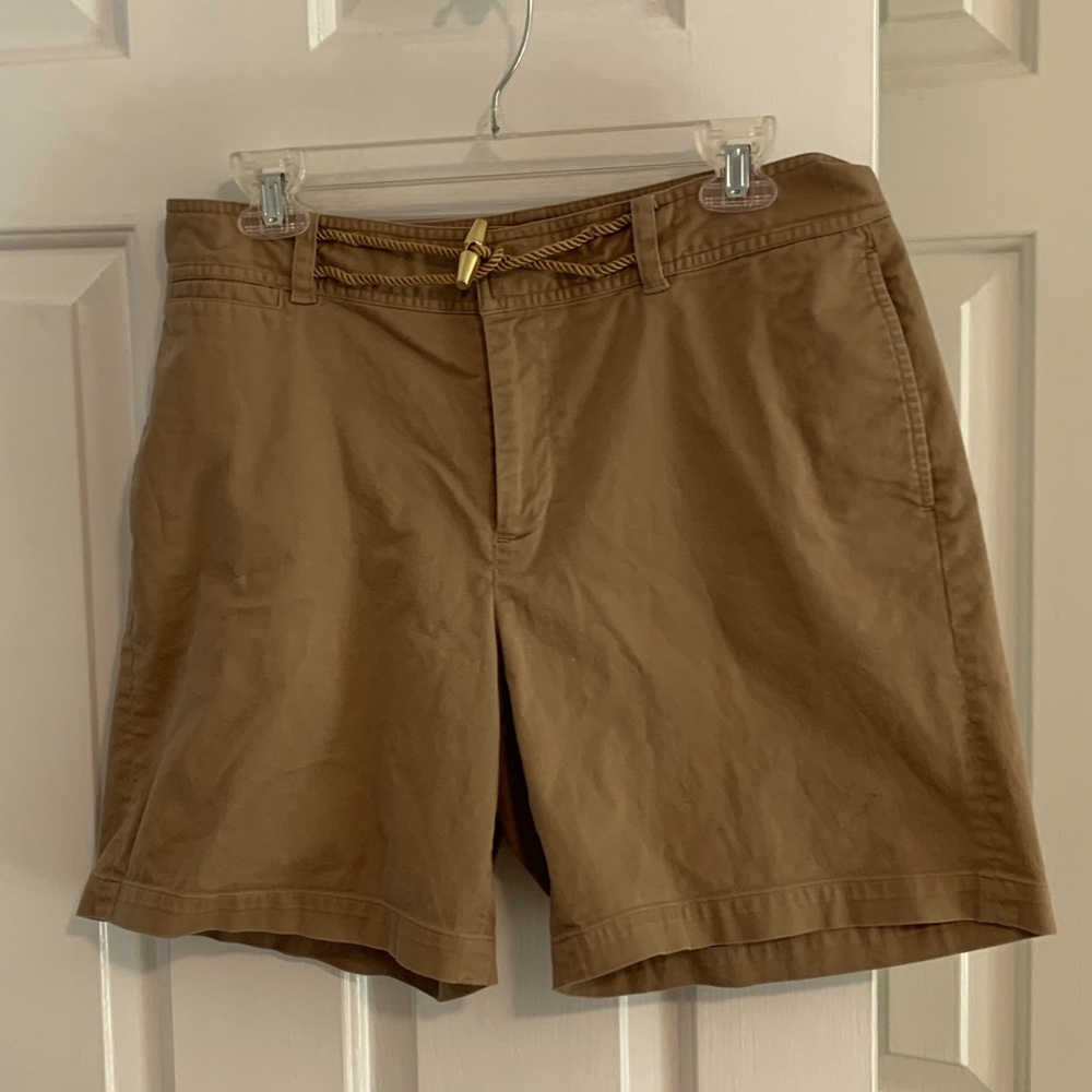 100% cotton shorts, warm tan, Lauren brand waist detail.